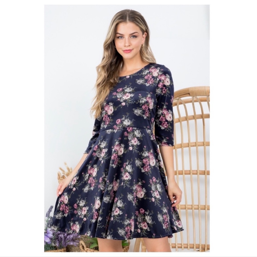 3 total- Navy Floral Velvet Cute Women's Dress - Picture 5 of 7